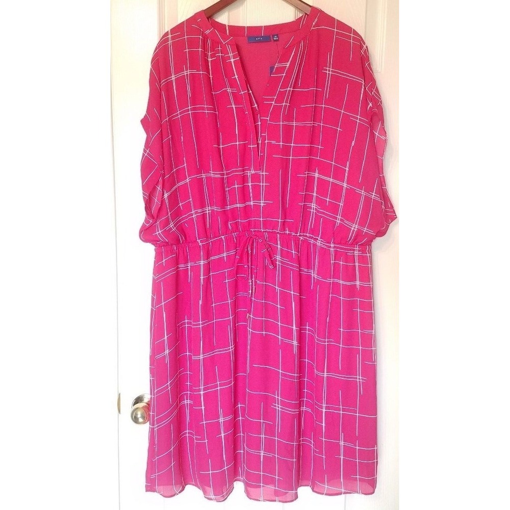 Apt 9 Dress Women 3X V-neck Drawstring Waist Lined Plaid‎ Pink White Summer NEW